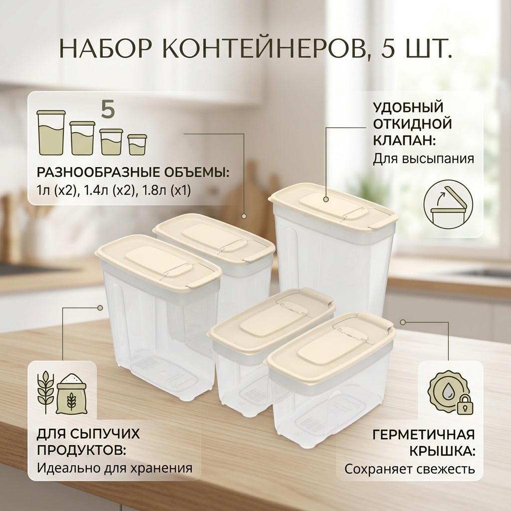 Набор контейнеров Контейнер набор 2 шт-1л.,2шт-1,4л.,1шт-1,8л, пластик