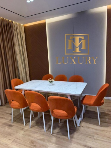 Комплект Qaz Oryndyq Нова, стол 180х90 см + 8 стульев, белый, оранжевый