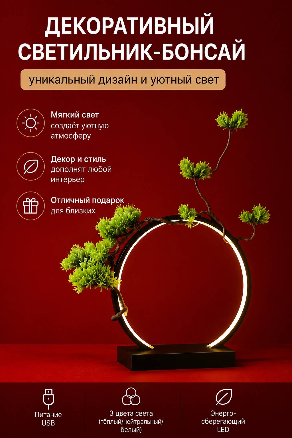 Декоративный светильник настольный Светильник Бонсай, теплый белый, холодный белый, нейтральный белый