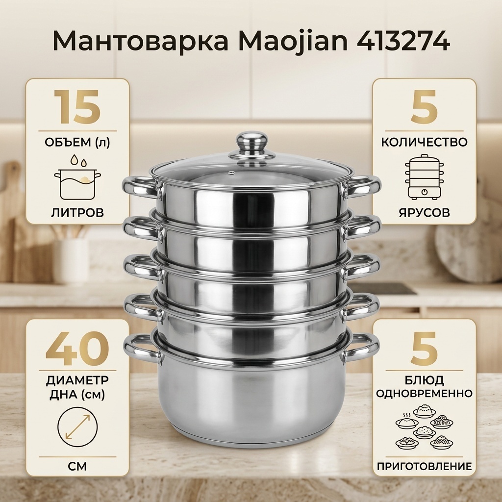 Мантоварка 15 л, Maojian сталь, количество ярусов: 5