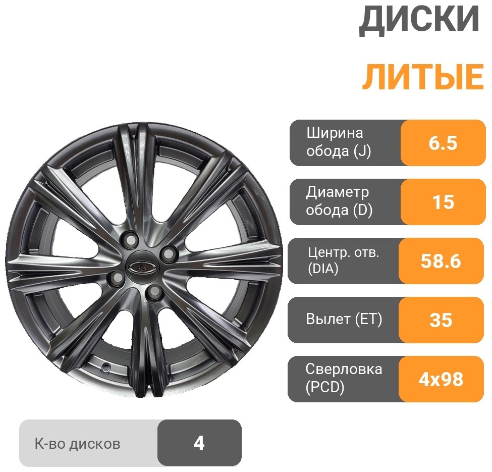 Wheels 1276 6.5x15/4x98 D58.6 ET35 4 диска графит
