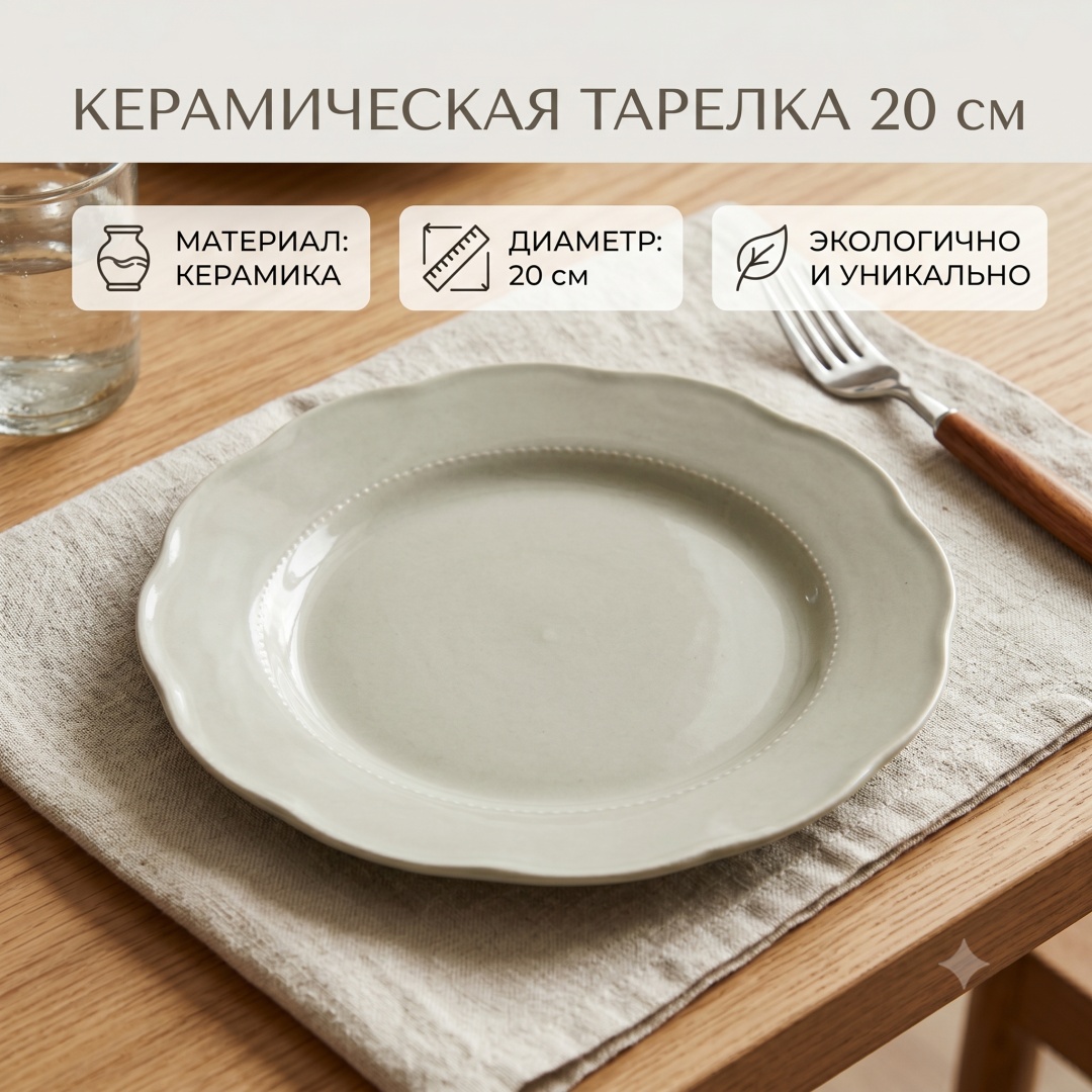 Обеденная тарелка 20 см, 1 шт, керамика