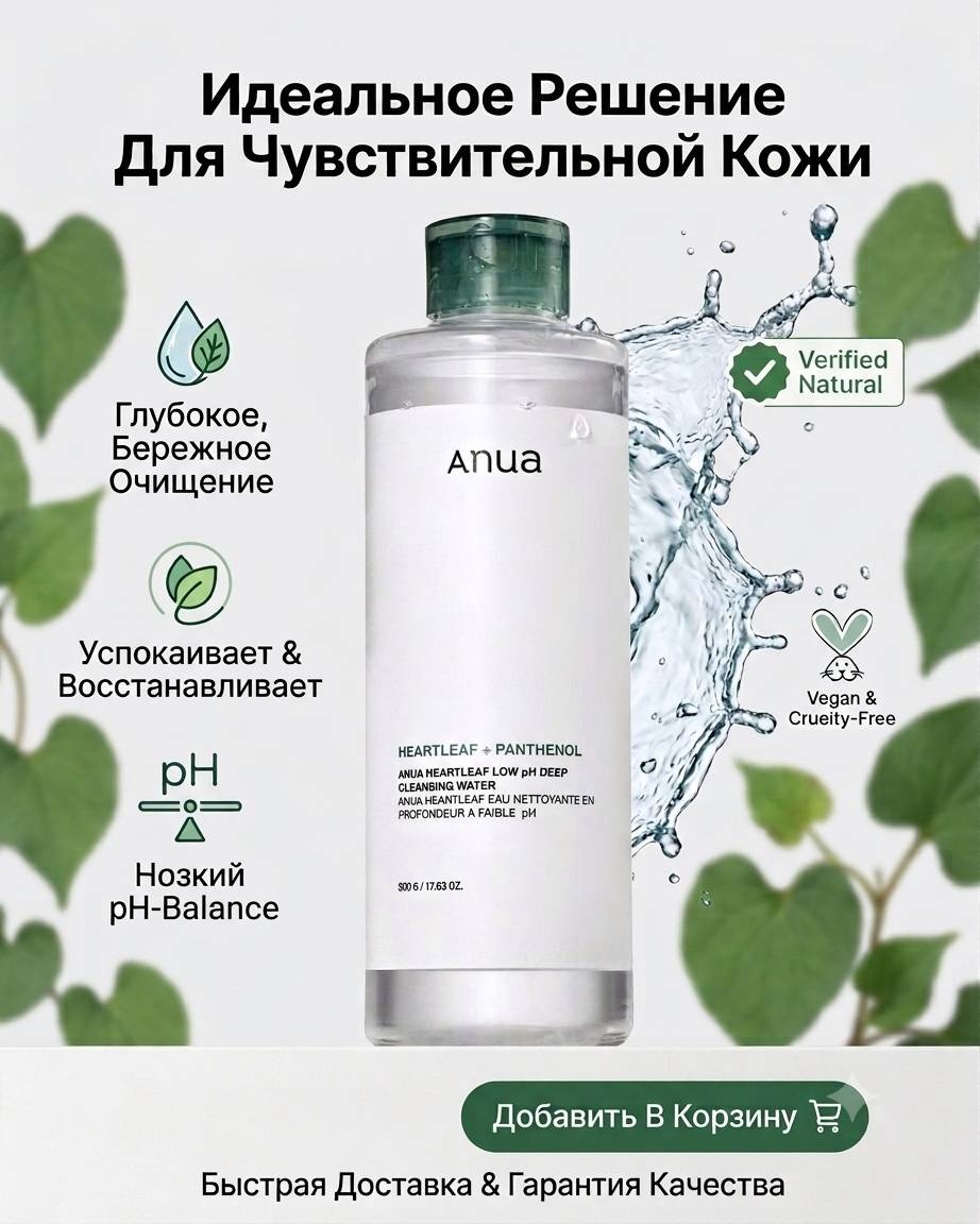 Anua Очищающая вода Heartleaf + Panthenol Low pH Deep Cleansing Water мицеллярная вода 500 мл
