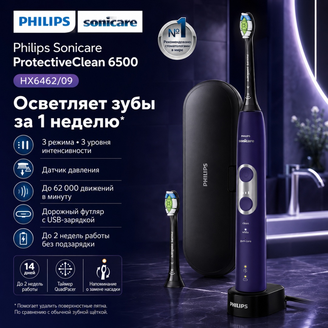 Philips звуковая щетка ProtectiveClean 6500 HX6462/09 щетина средняя фиолетовый