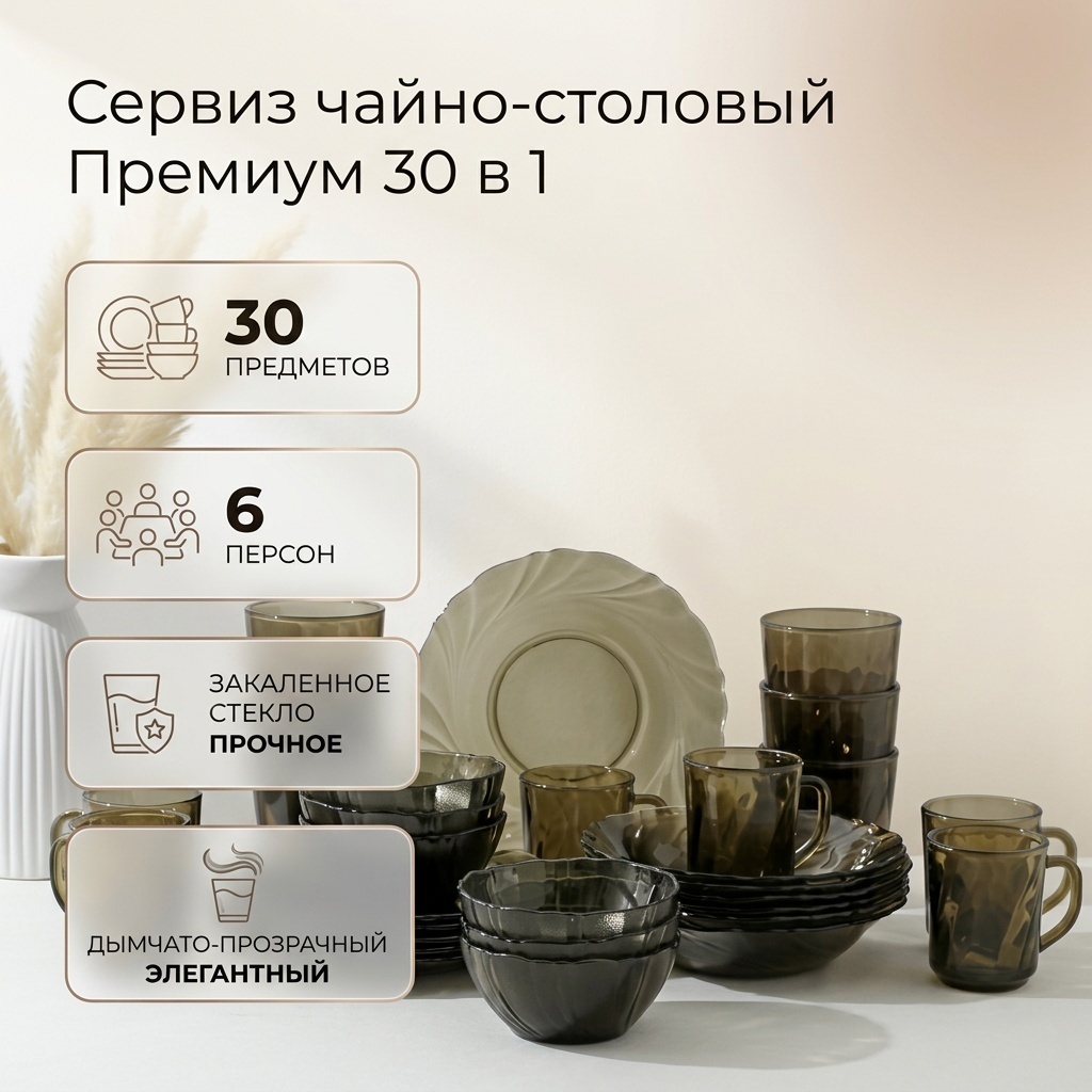 Сервиз на 6 персон , предметов: 30, чайно-столовый, закаленное стекло