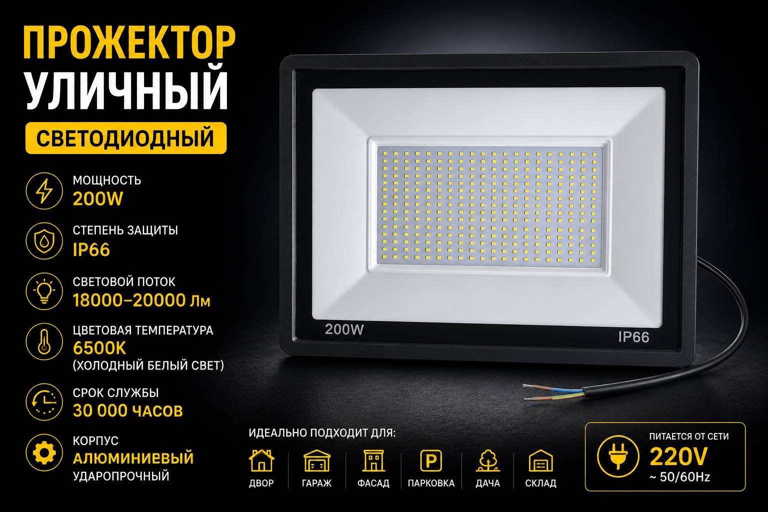 Прожектор на кронштейне MIKROL 200 Вт, холодный белый