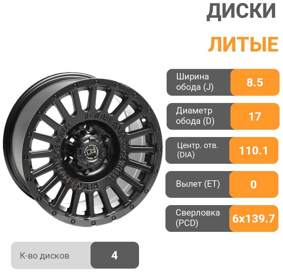 Kipardo JT218-7 8.5x17/6x139.7 D110.1 ET0 4 диска черный матовый