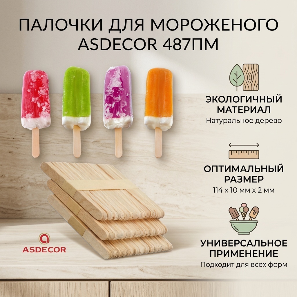 Asdecor палочки для мороженого 487ПМ-114, одноразовый бежевый 50 шт