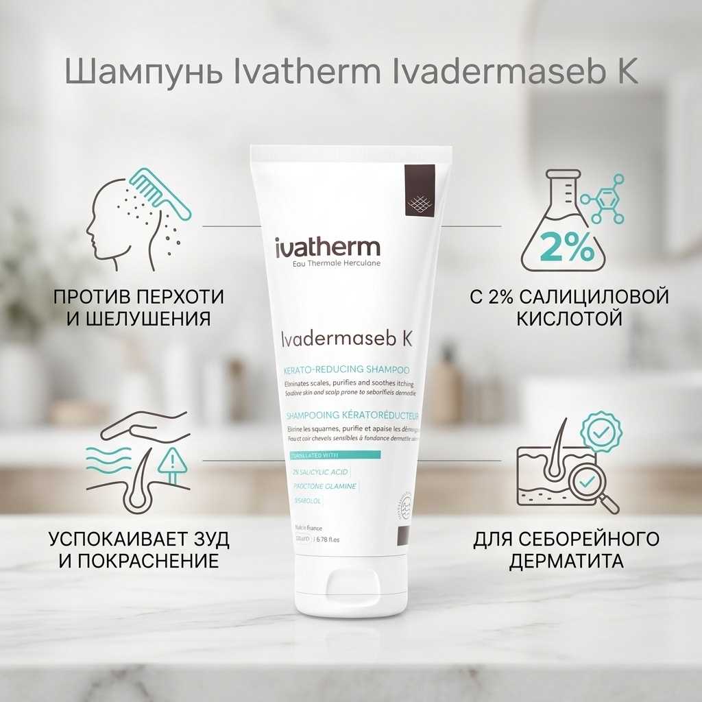 Ivatherm Кераторегулирующий против перхоти Ivadermaseb K с 2% салициловой кислотой шампунь 200 мл