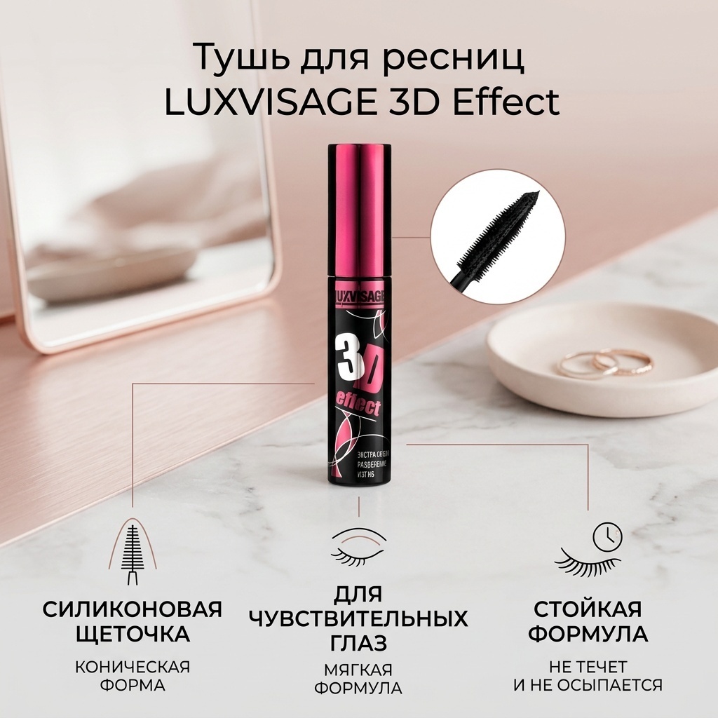 Тушь для ресниц LUXVISAGE 3D Effect для объема, подкручивающая черный