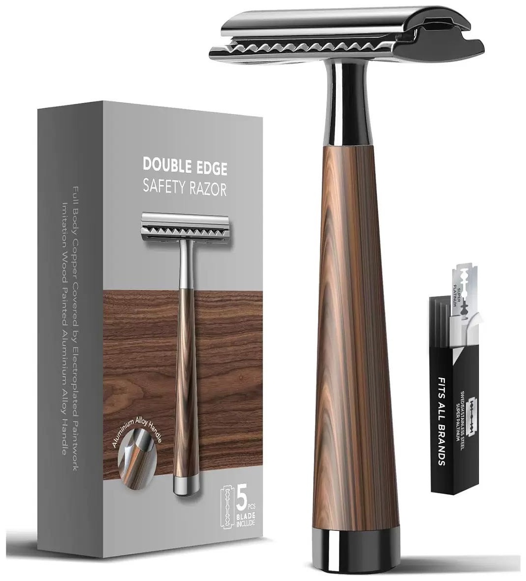 Бритва классическая Double Edge Safety Razor (деревянная ручка) Т-образная бритва 1 шт + 5 сменных лезвий