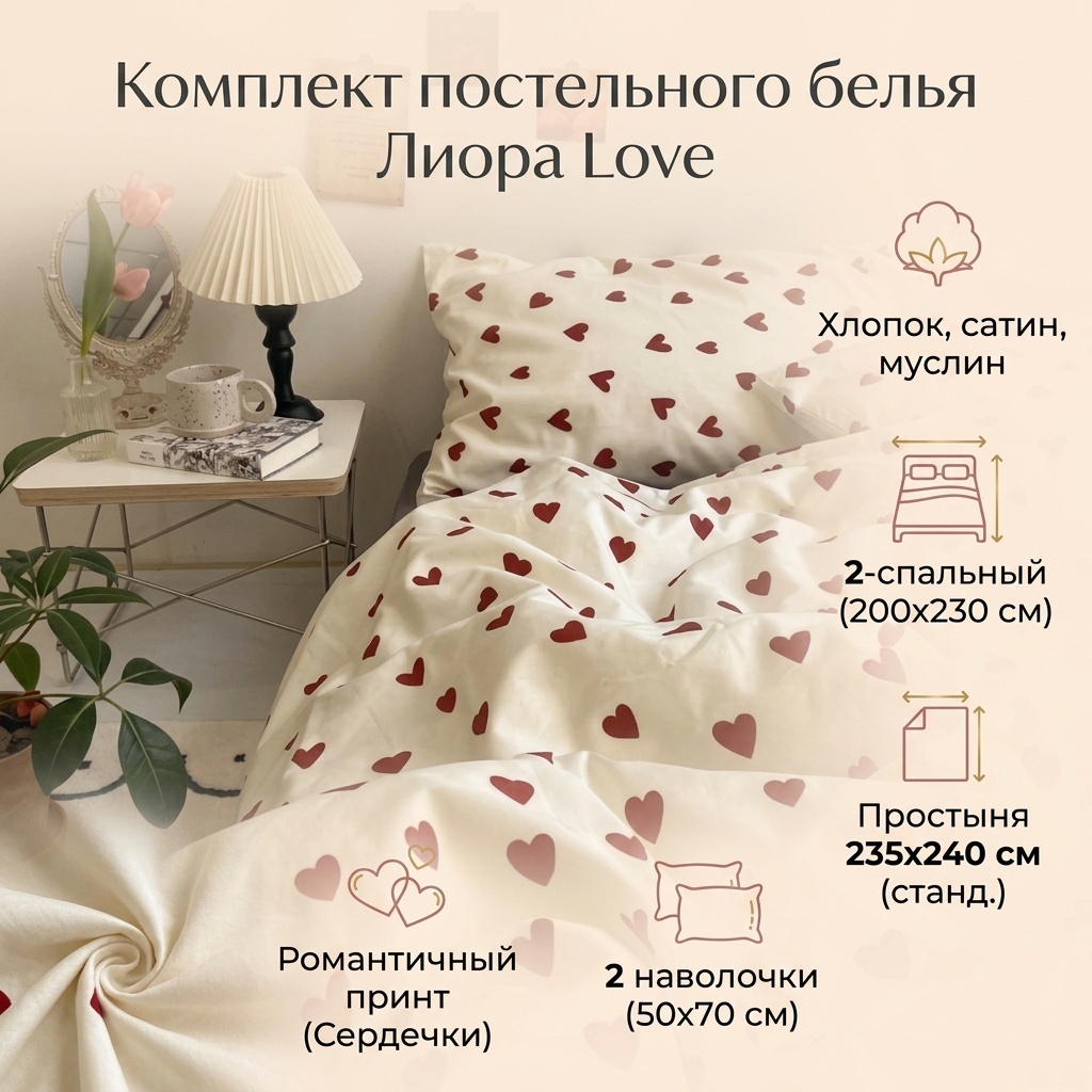 Комплект Лиора Love 2-спальный хлопок, сатин, муслин, 2 наволочки: 50x70 см