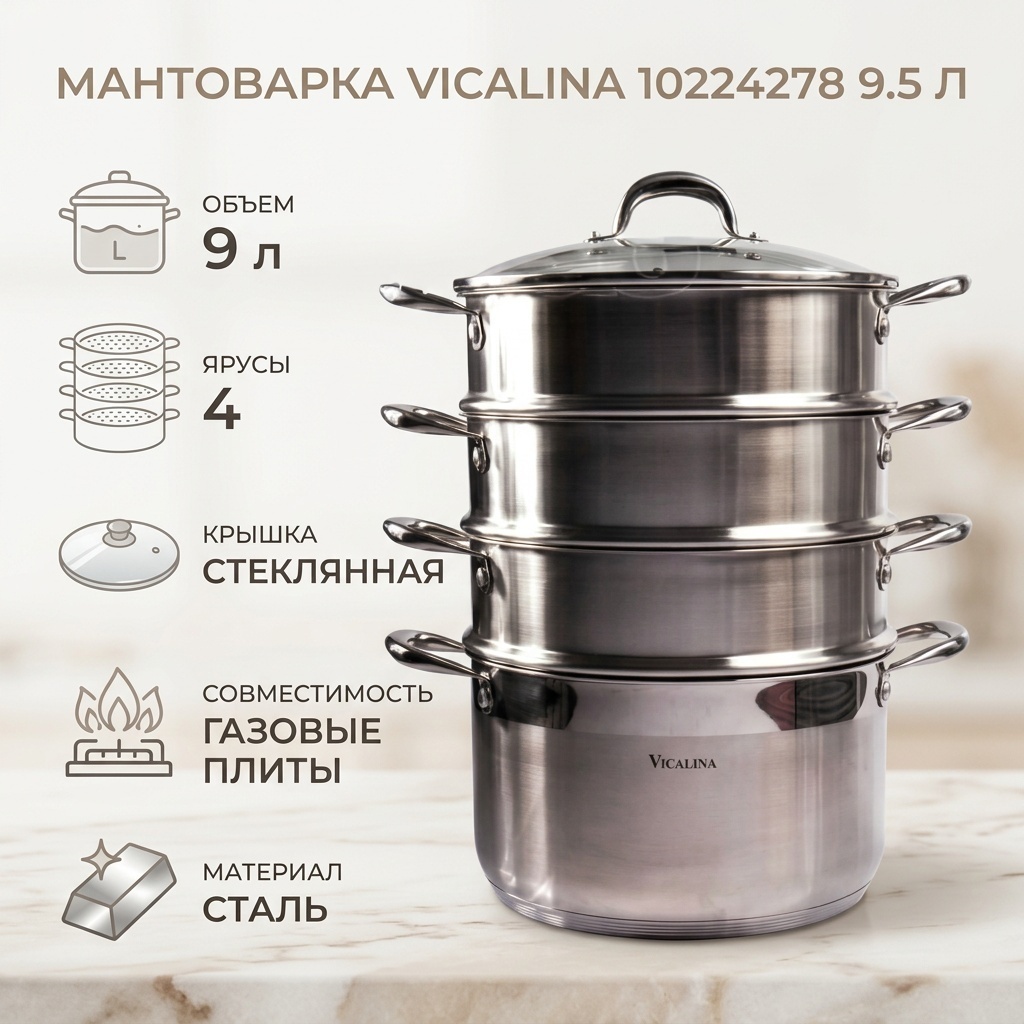 Мантоварка 9 л, Vicalina сталь, количество ярусов: 4