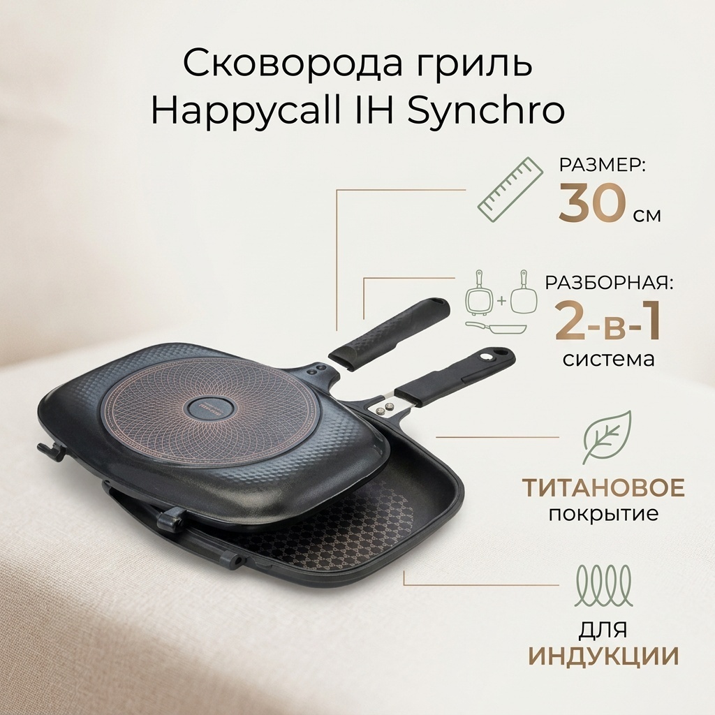 Сковорода гриль Happycall IH Synchro 30 см с антипригарным покрытием, алюминий
