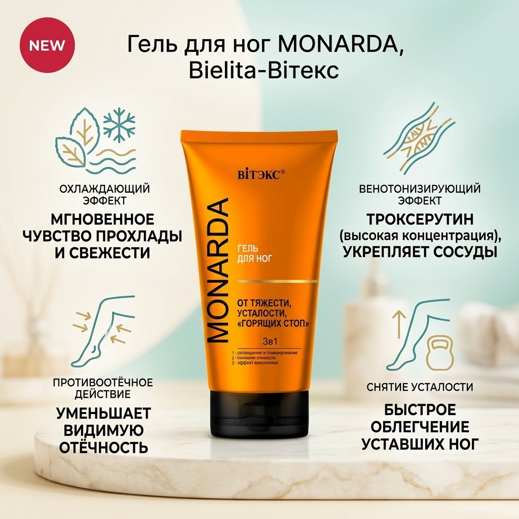 Bielita-Вiтекс MONARDA ГЕЛЬ для ног ОТ ТЯЖЕСТИ, УСТАЛОСТИ, "ГОРЯЩИХ СТОП" 3в1 гель для ног 150 мл
