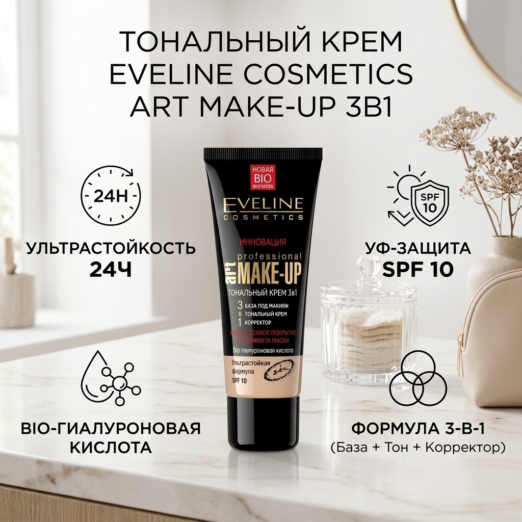 Eveline Cosmetics Art Make-Up 3в1 тональный крем Бежевый 30 мл