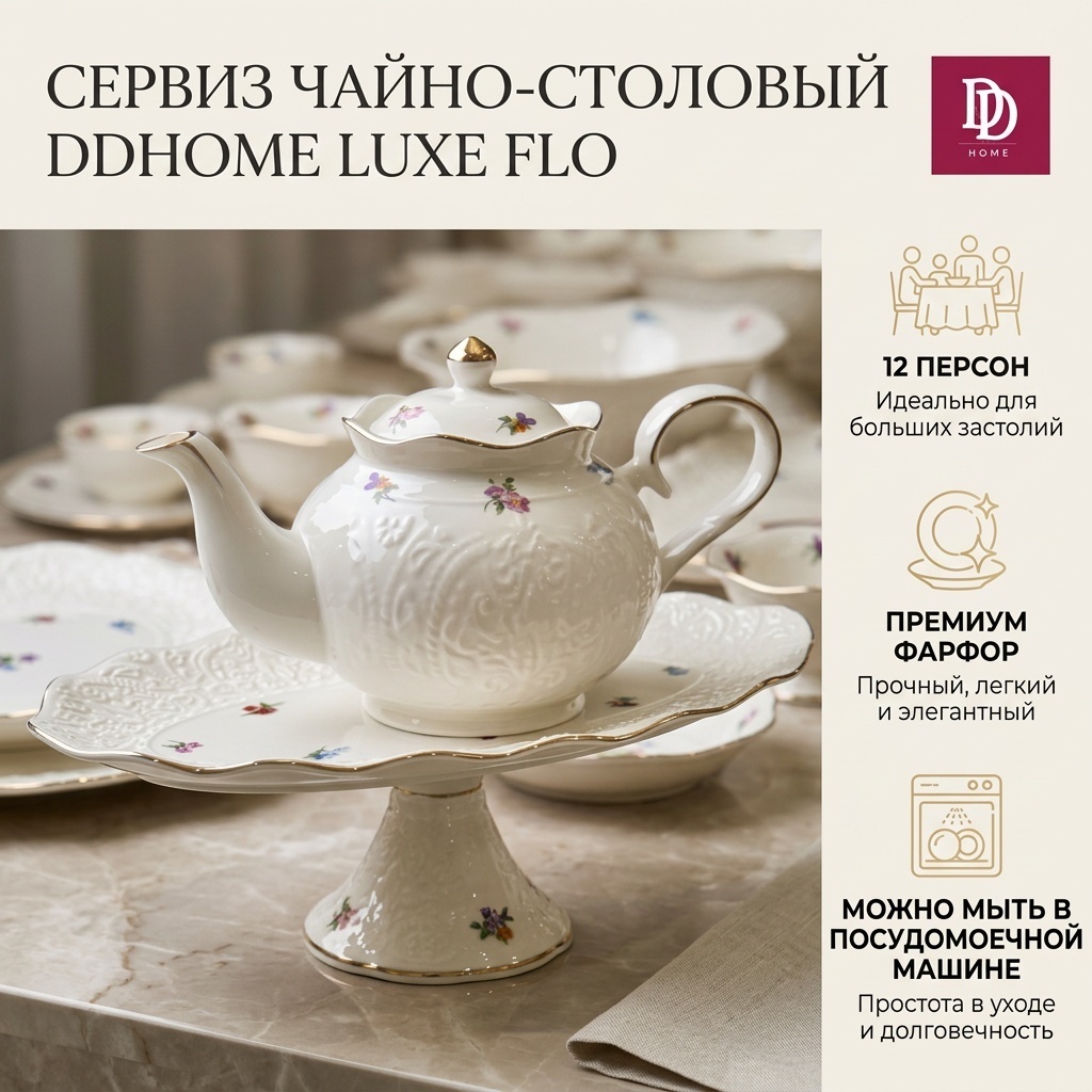 Сервиз на 12 персон DDHOME Luxe Flo, предметов: 50, чайно-столовый, фарфор