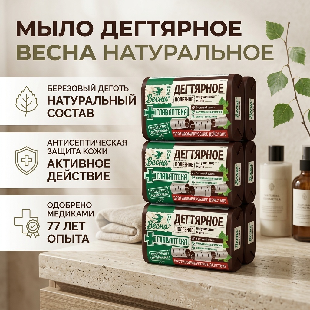 Кусковое мыло дегтярное Весна Натуральное Березовый деготь 90 г