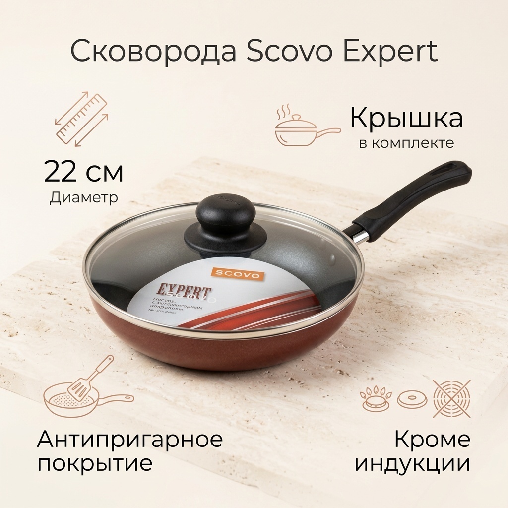 Сковорода SCOVO Expert 22 см с антипригарным покрытием, алюминий