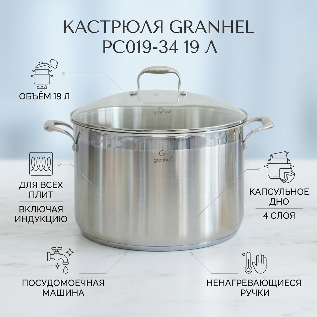 Кастрюля 19 л, Granhel PC019-34 сталь