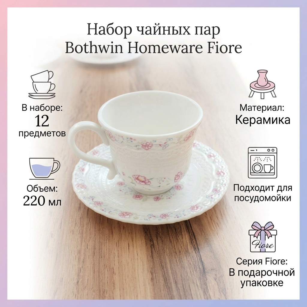 Чайная пара Bothwin Homeware , 220 мл, керамика, 6 шт.