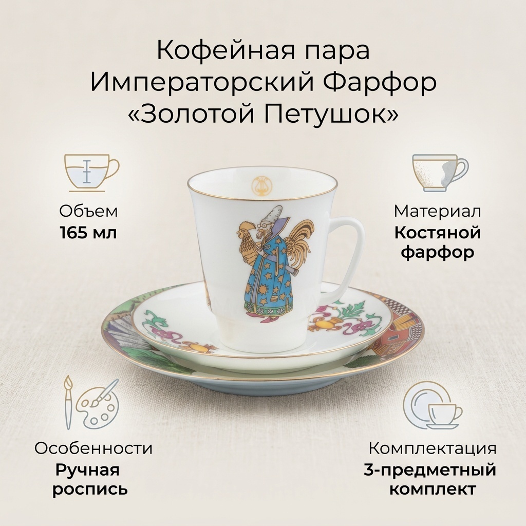 Кофейная пара Императорский Фарфор Золотой Петушок, 165 мл, костяной фарфор, 1 шт.
