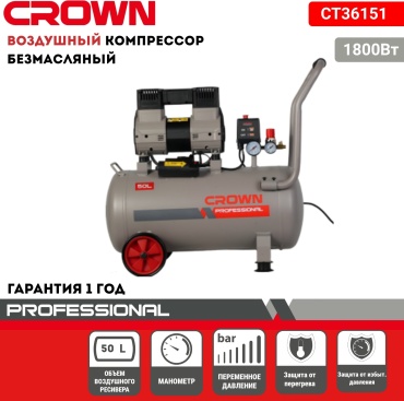 Компрессор безмасляный CROWN CT36151, 7 бар