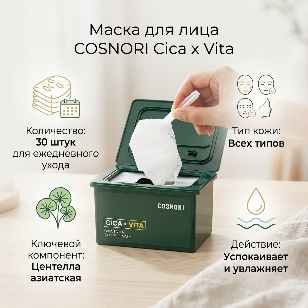 Маска для лица COSNORI тканевая Cica x Vita Daily Pure 30 шт