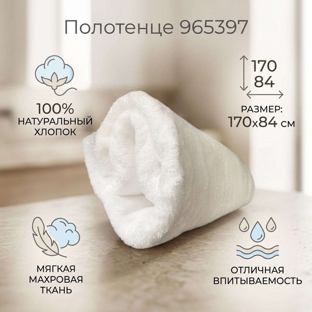 Полотенце 170x84 см, хлопок, махровая ткань, 1 шт,