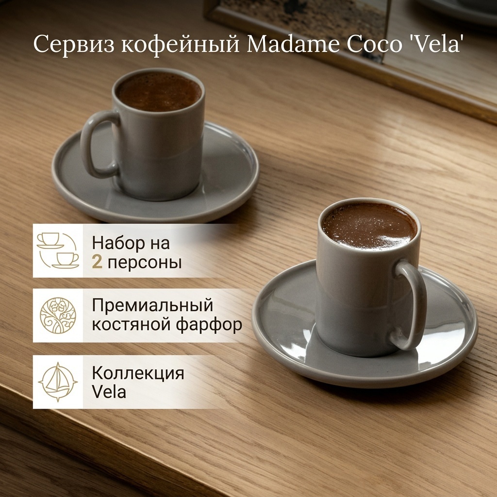 Сервиз на 2 персоны Madame Coco Vela, предметов: 4, кофейный, костяной фарфор