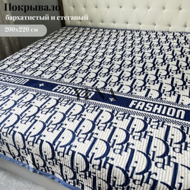 Покрывало YENA 200х220 см, хлопок, велюр, синий, белый