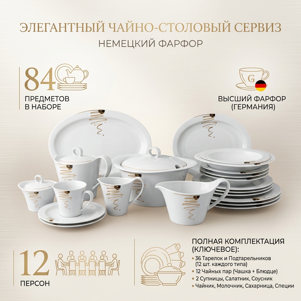 Сервиз на 12 персон Seltmann Weiden , предметов: 84, чайно-столовый, фарфор