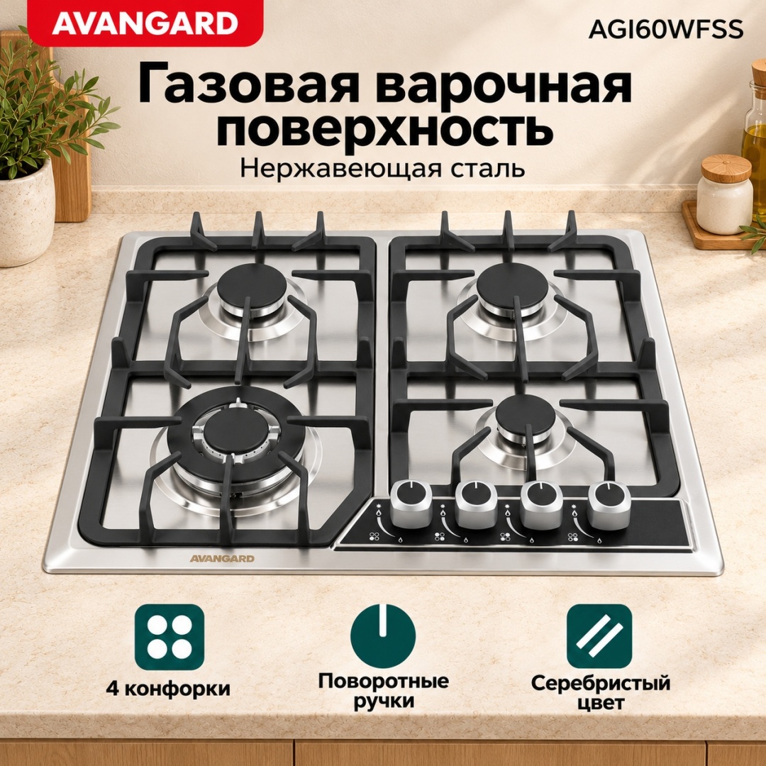 Газовая варочная поверхность AVANGARD AGI60WFSS серебристый