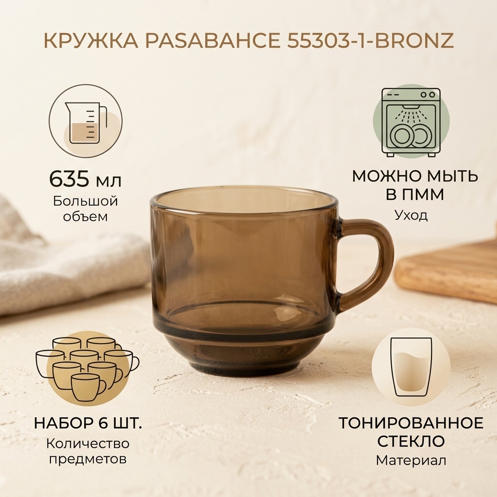 Набор кружек Pasabahce , 635 мл, стекло, 6 шт.