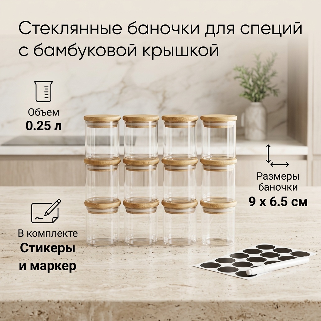 Набор банок Баночки мал. универсальные, стекло, бамбук