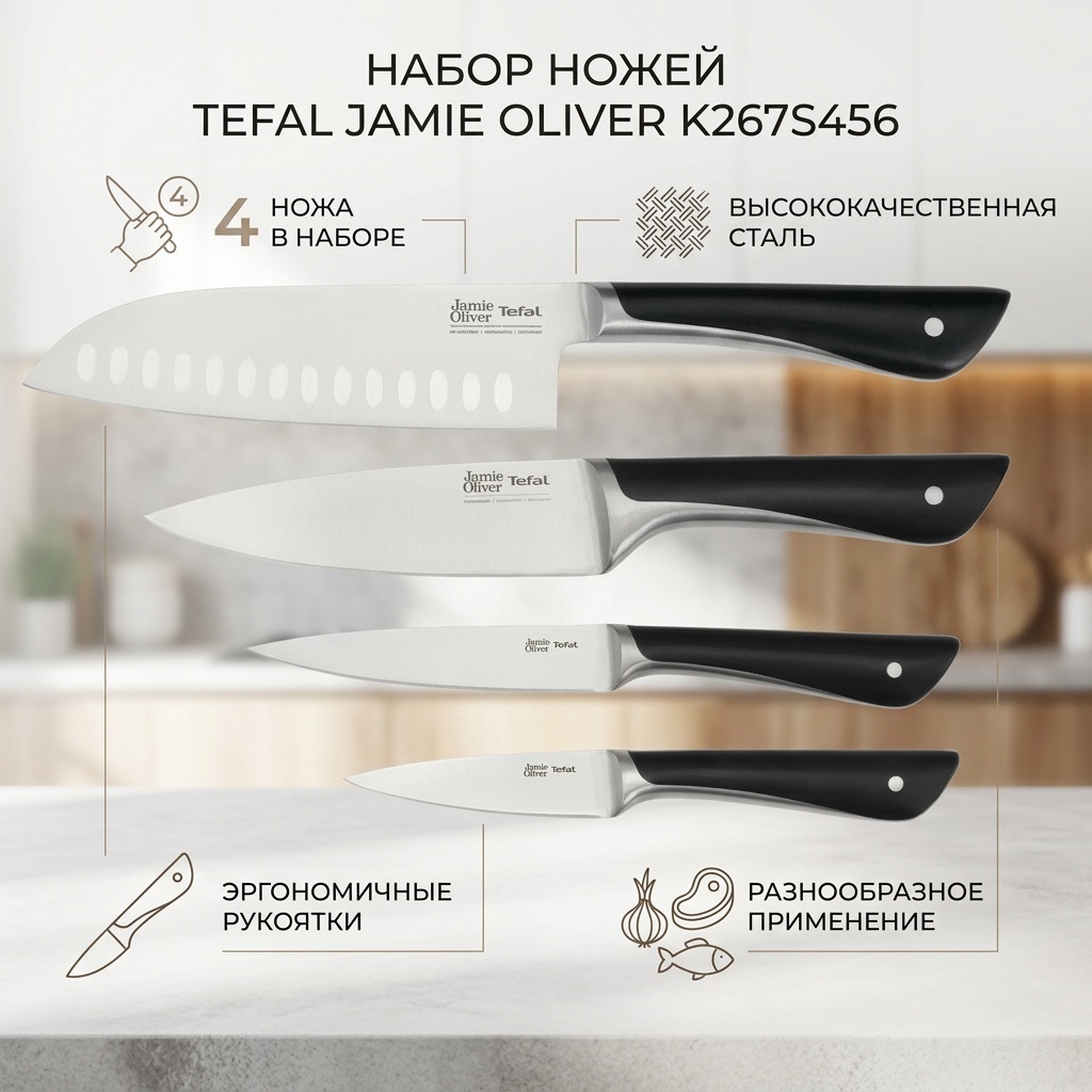 Нож универсальный Tefal, лезвие: нержавеющая сталь 4 шт
