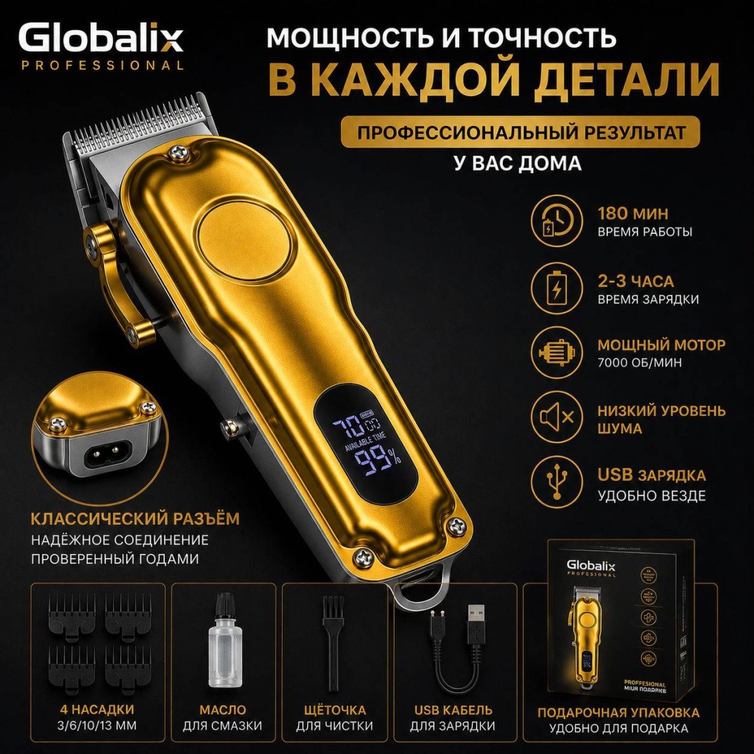 Globalix машинка для стрижки T3 золотой