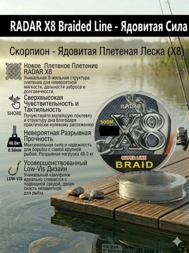 RADAR плетеный шнур X8 0.25 мм серый
