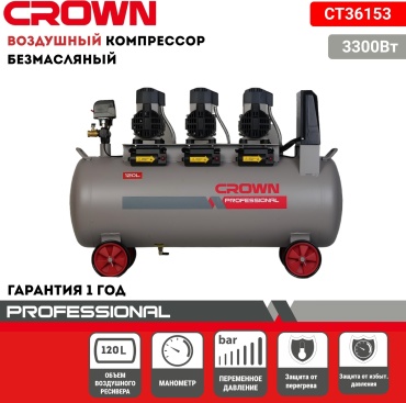 Компрессор безмасляный CROWN CT36153, 7 бар