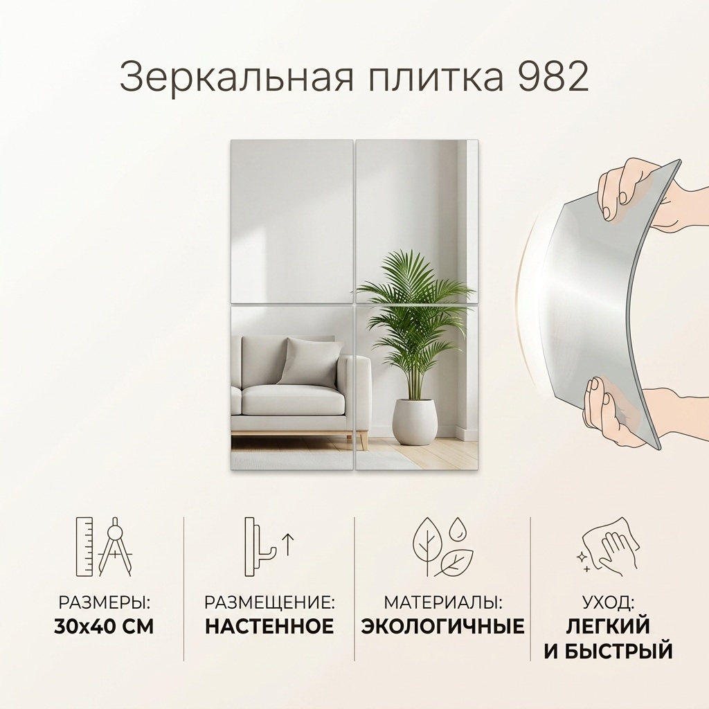 Зеркальная плитка настенное 30x40 см