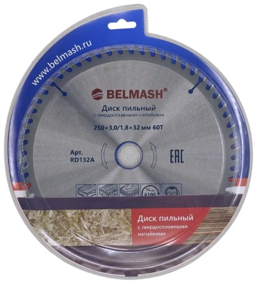 Пильный диск по дереву BELMASH 250x3,1/1,8x32мм 60T / RD132A, 250x32 мм, 60Т