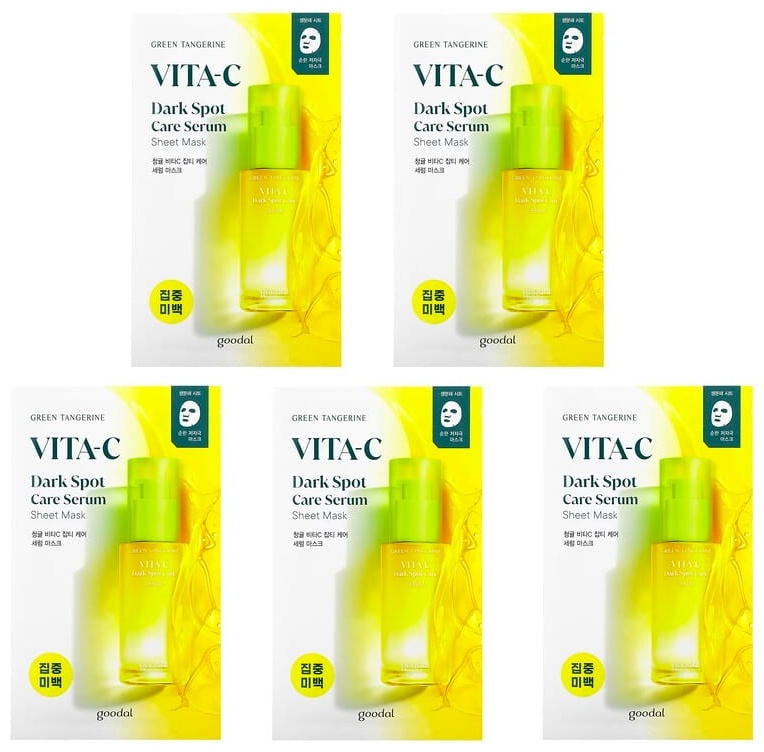 Маска для лица GOODAL тканевая Green Tangerine, Vita-C, тканевая маска с сывороткой от темных пятен, 5 масок по 28 г 5 шт