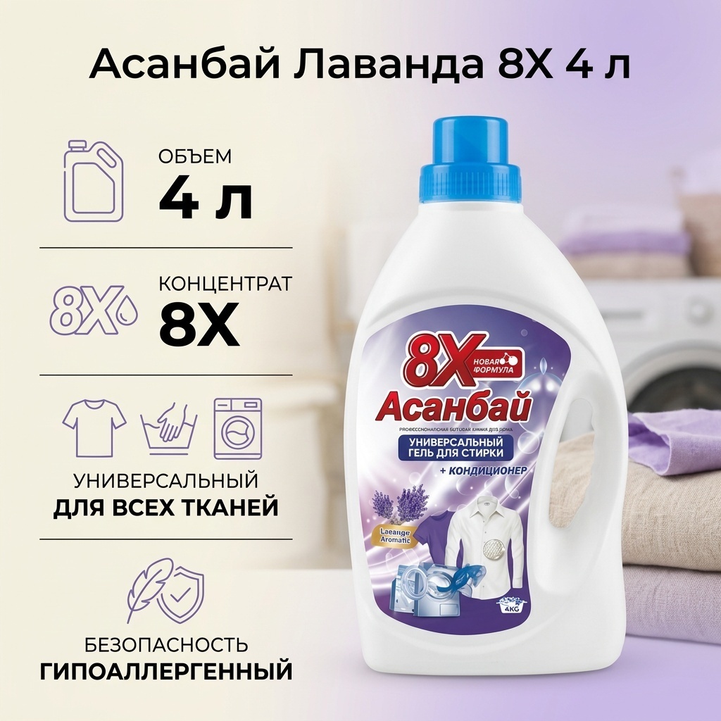 Гель Асанбай 8Х Лаванда для белых и светлых тканей, 4 л