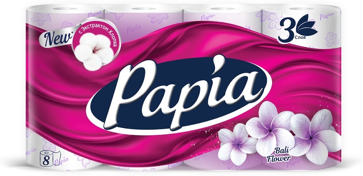 Papia туалетная бумага Bali Flower 3-слойный 8 шт, первичная целлюлоза