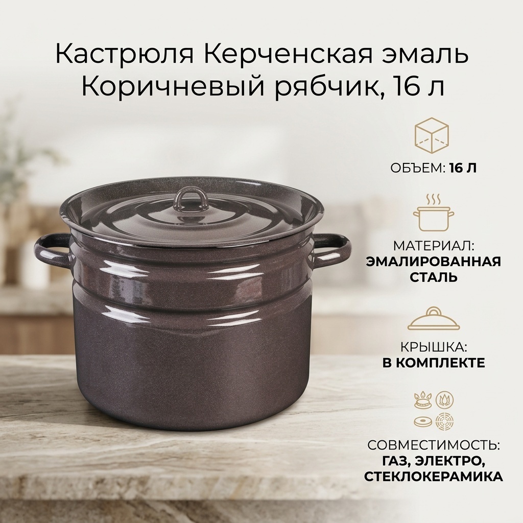 Кастрюля 16 л, Керченская эмаль Коричневый рябчик эмаль