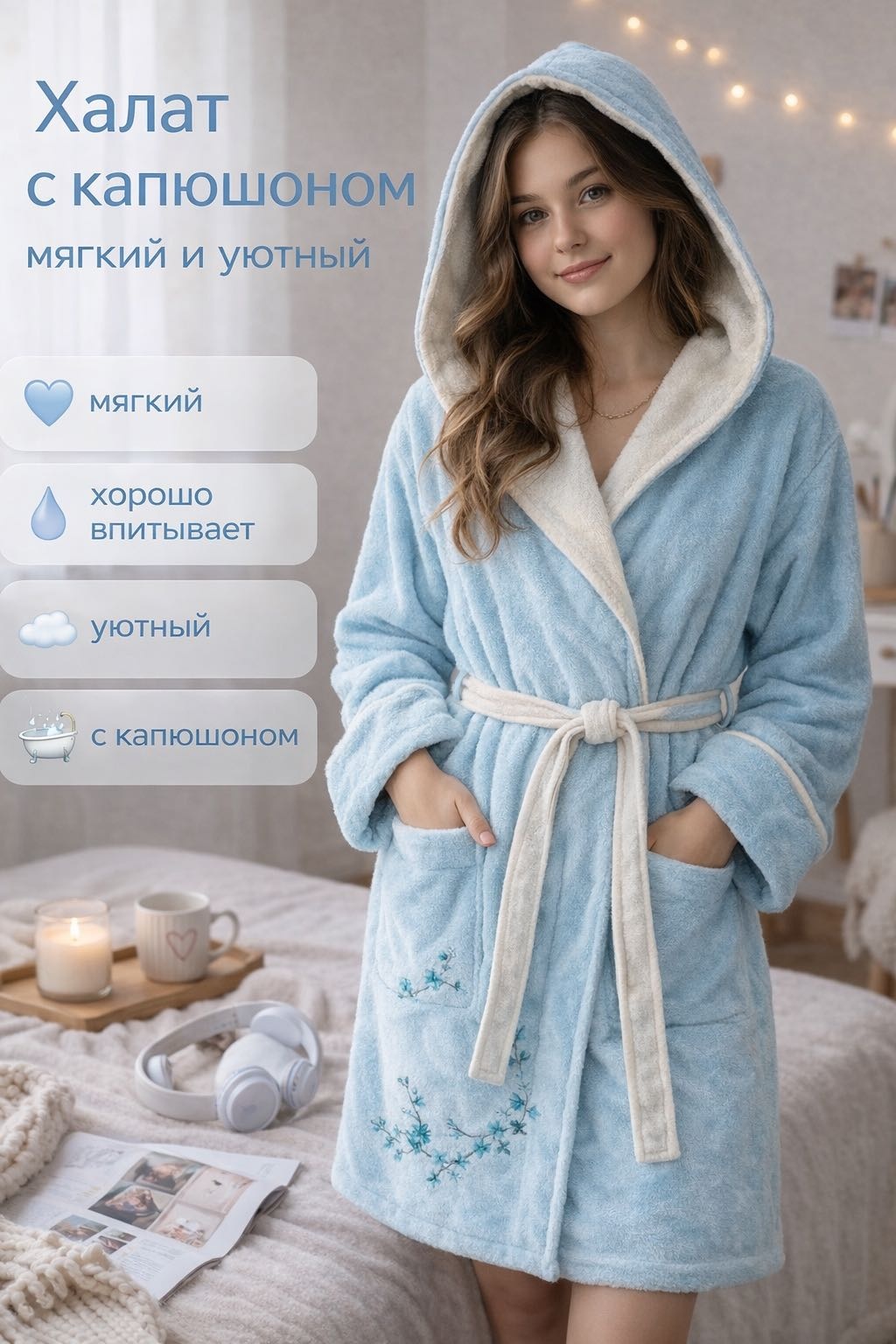 Махровый халат LUX HOME голубой