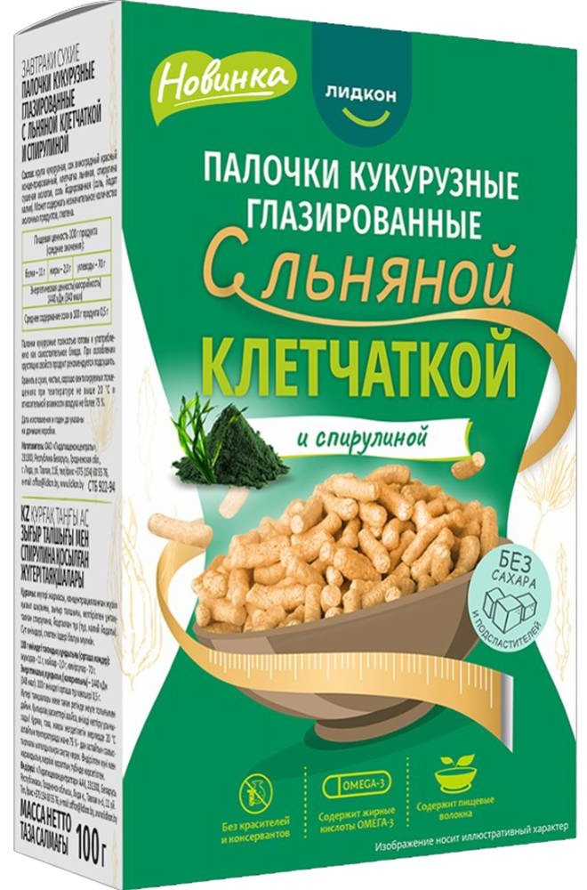 Лидкон кукурузные палочки с льняной клетчаткой и спирулиной 100 г