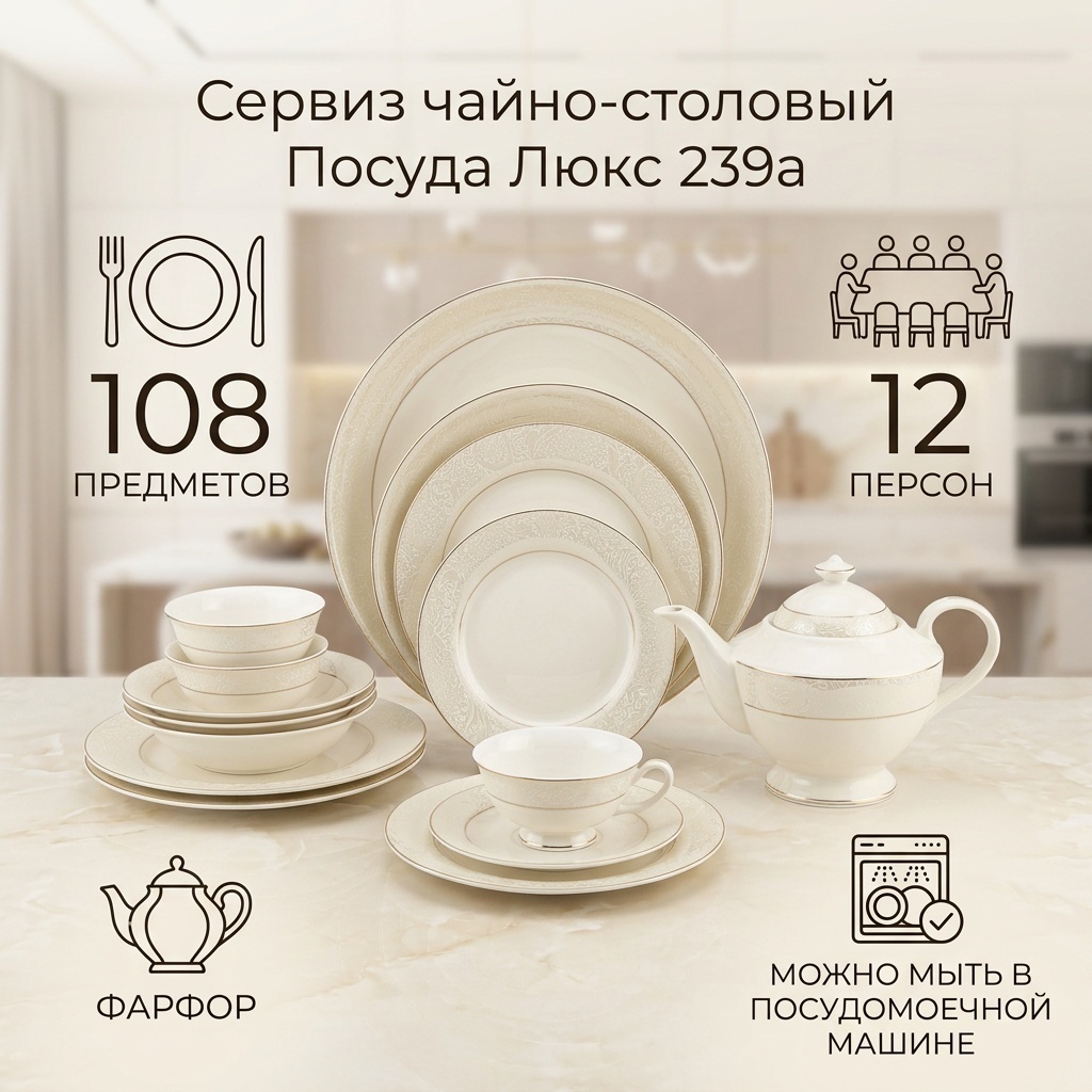Сервиз на 12 персон Посуда Люкс , предметов: 108, чайно-столовый, фарфор