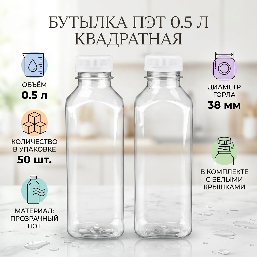 Бутылка ПЭТ / 0.5 л. / ШГ / 38 мм. / квадратные / БЦ прозрачный 50 шт