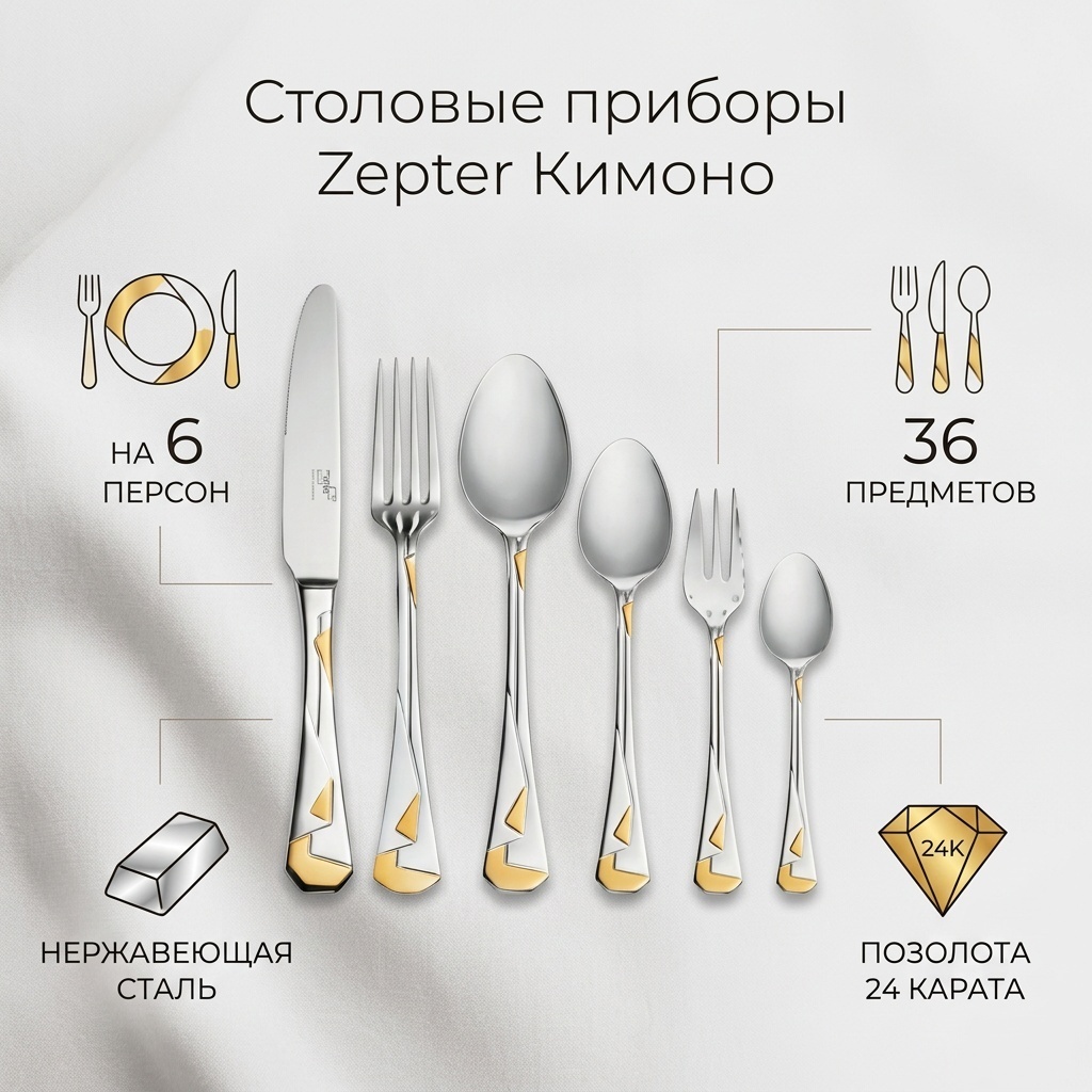 Набор столовых приборов Zepter 36 шт, серебристый Кимоно LB-600-DG